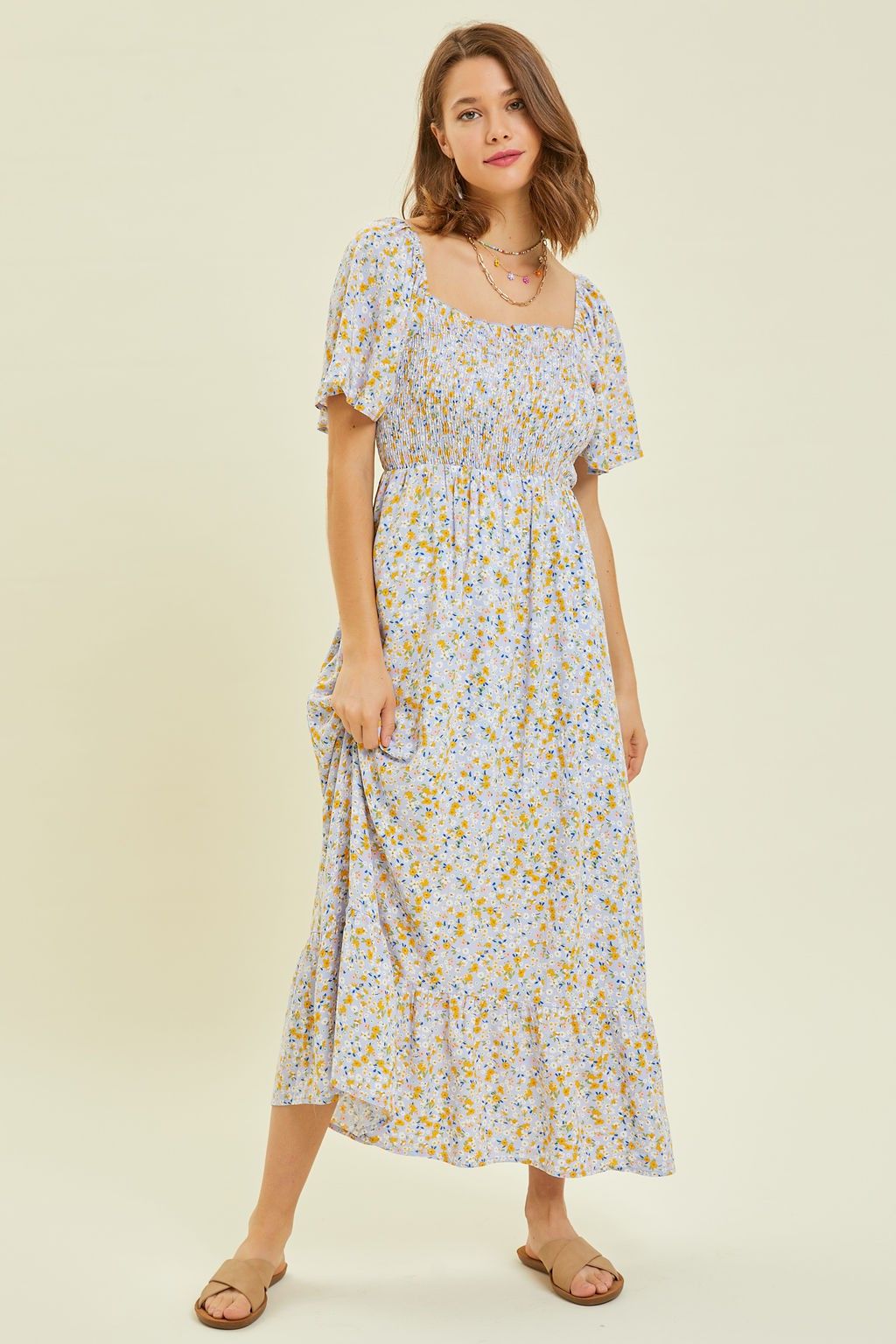 Light Blue Floral Smocked Maxi Dress sold by Pinkblush