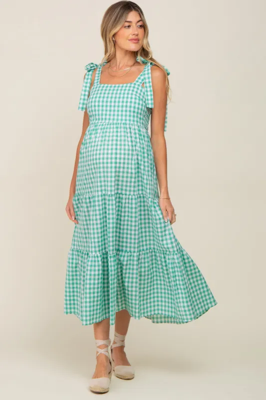 Green Checkered Sleeveless Tiered Maternity Maxi Dress sold by Pinkblush