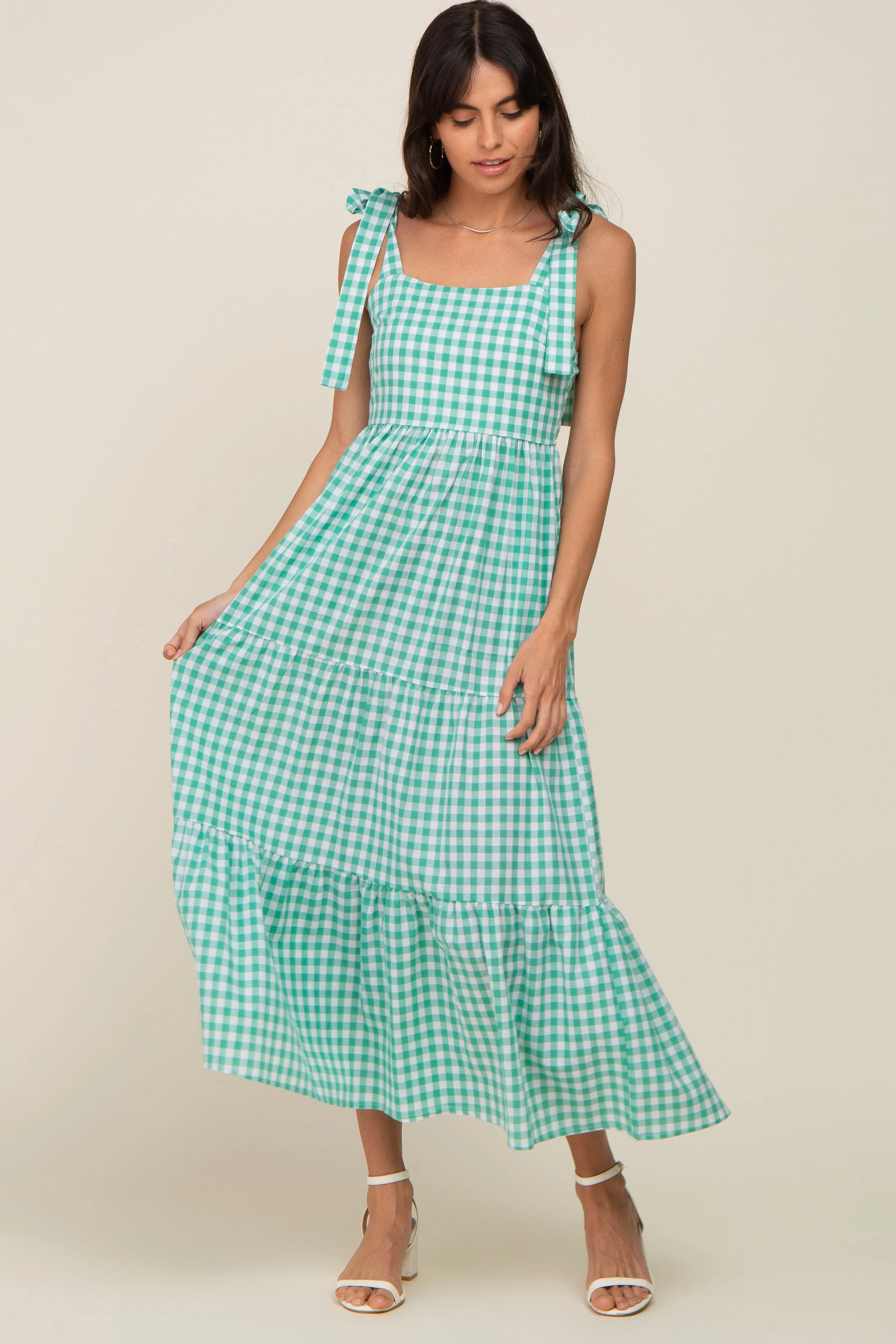 Green Checkered Sleeveless Tiered Maternity Maxi Dress sold by Pinkblush product image thumbnail 5