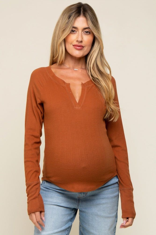 Camel Long Sleeve V-Neck Maternity Top sold by Pinkblush