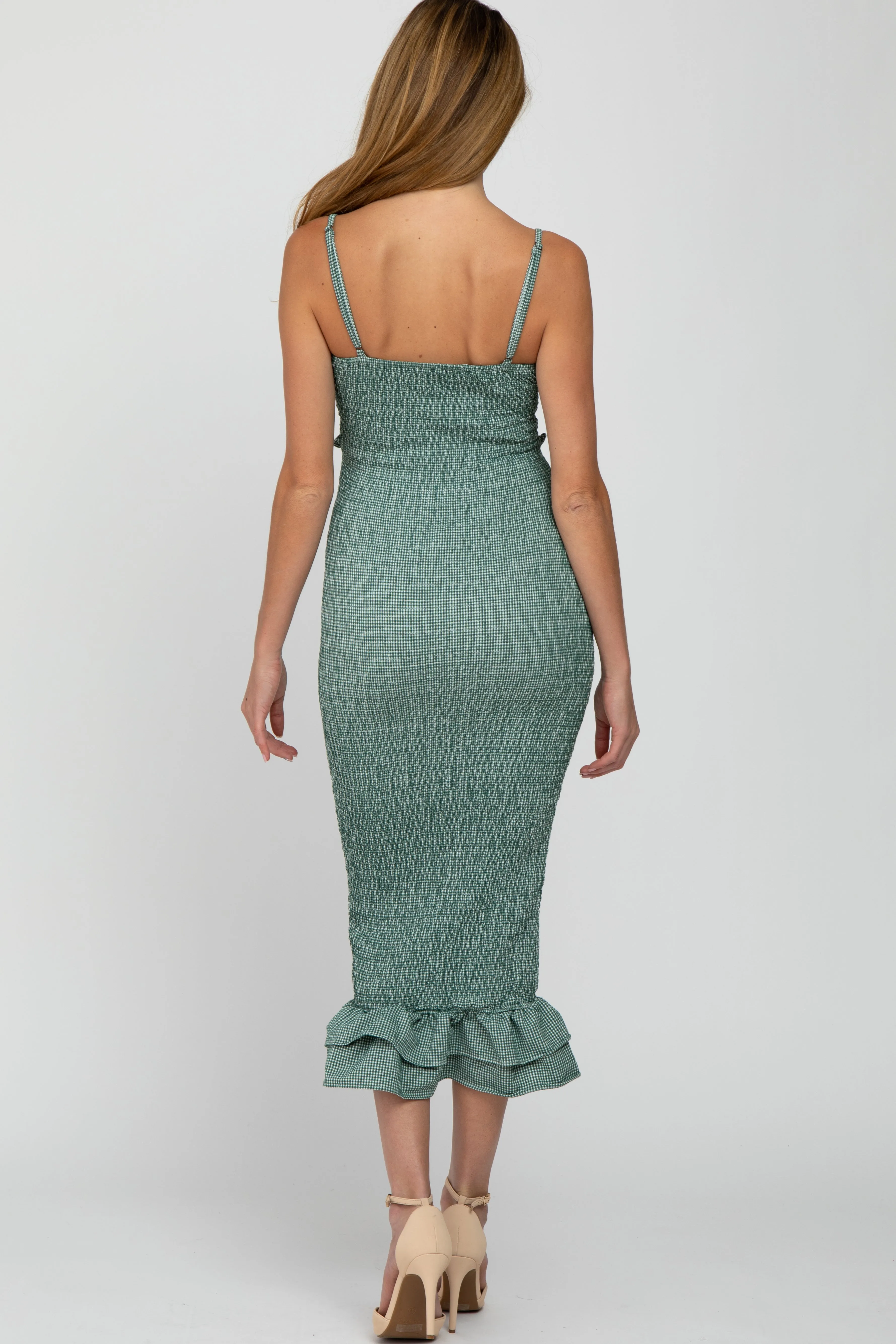 Green Gingham Print Smocked Fitted Self-Tie Maternity Midi Dress sold by Pinkblush product image thumbnail 4