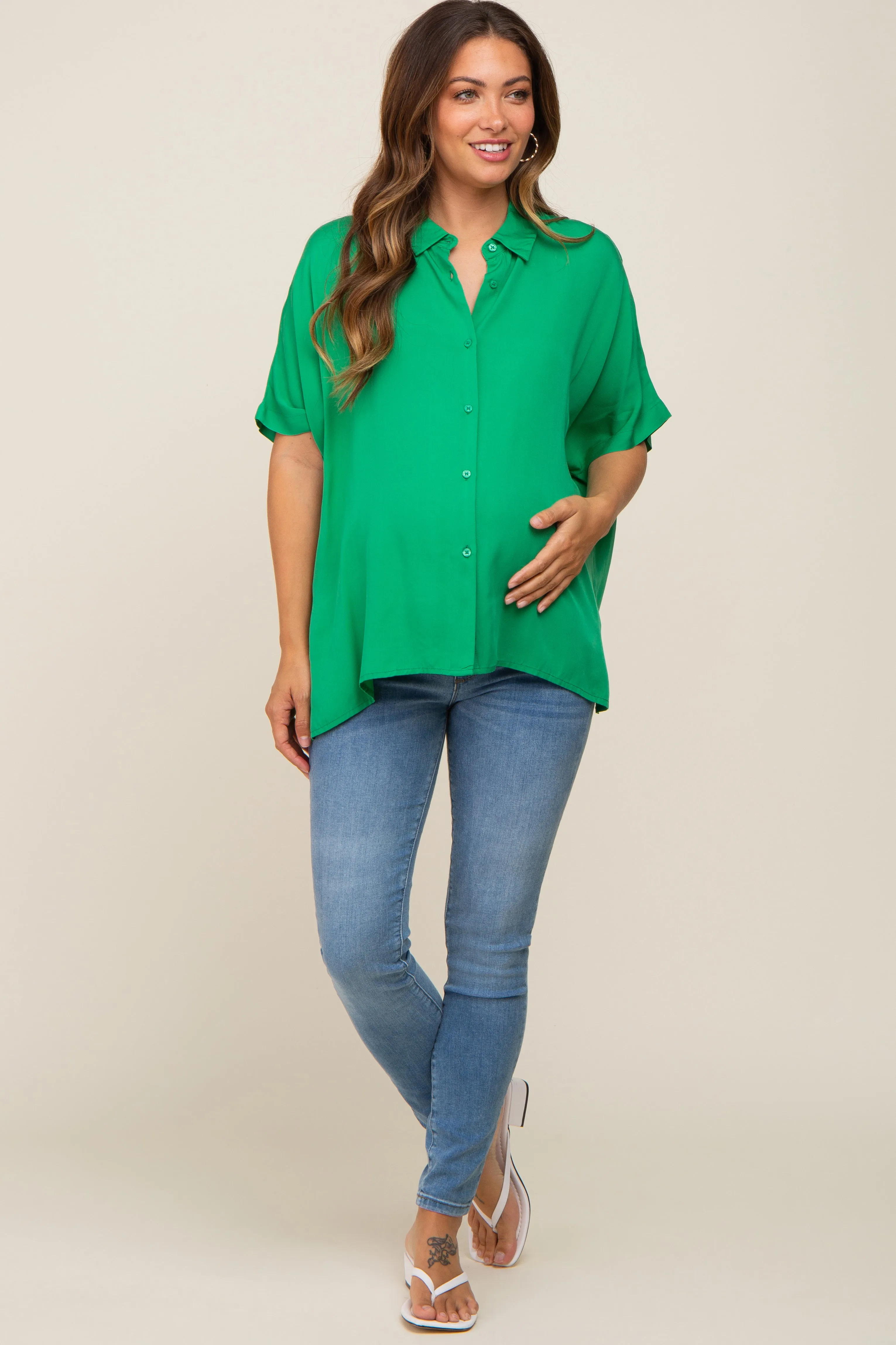 Green Button Up Dolman Short Sleeve Maternity Top sold by Pinkblush product image thumbnail 4
