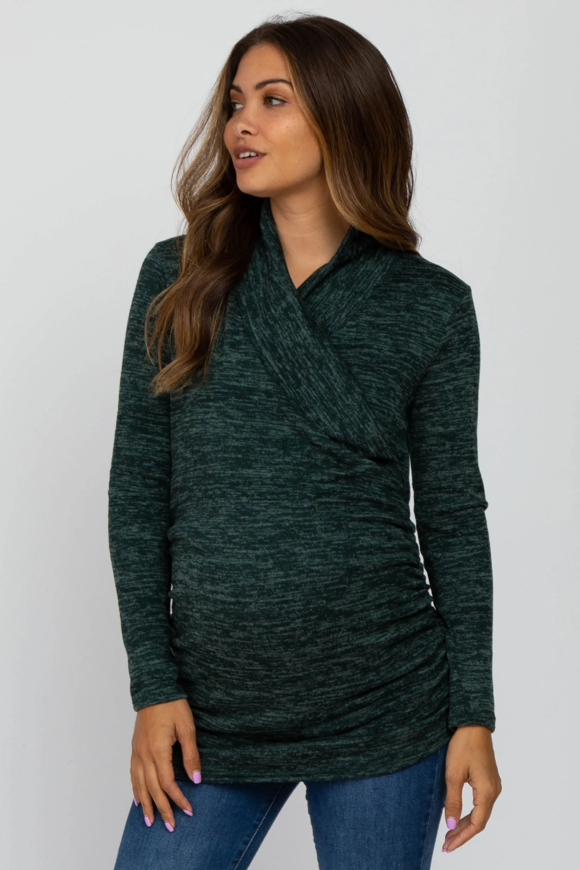 Green Soft Heathered Draped Wrap Maternity/Nursing Top sold by Pinkblush