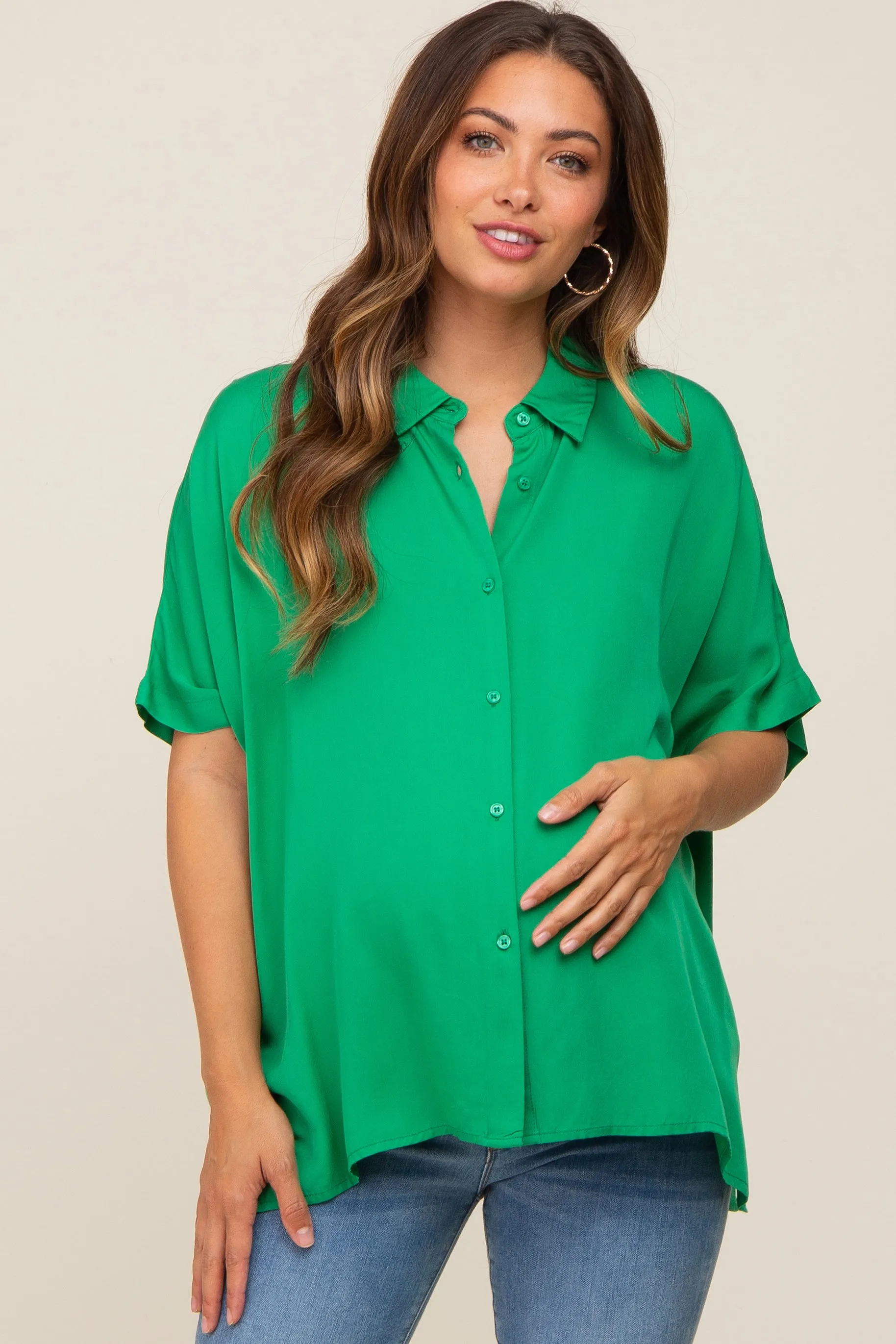 Green Button Up Dolman Short Sleeve Maternity Top sold by Pinkblush
