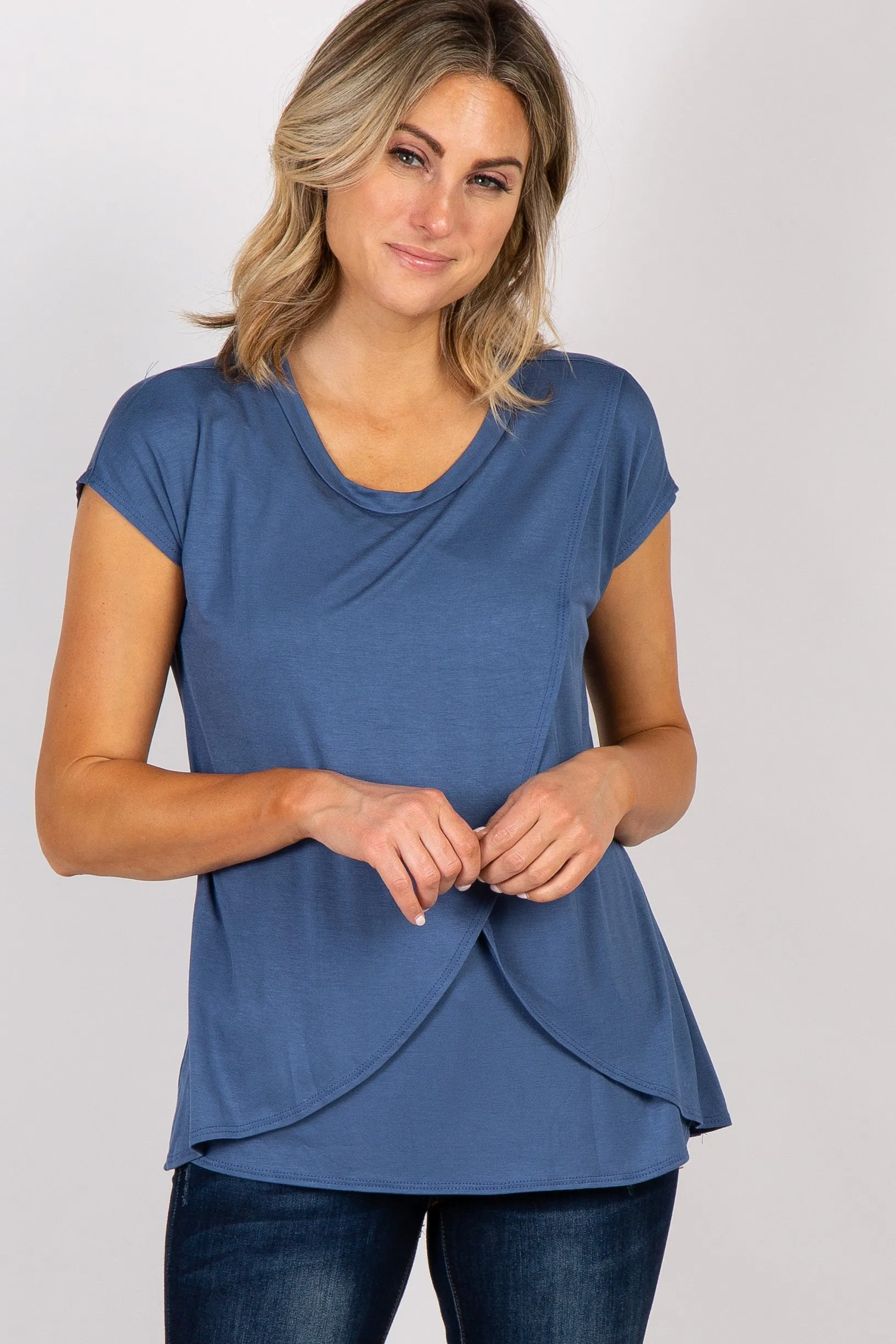 PinkBlush Blue Layered Wrap Front Nursing Top sold by Pinkblush