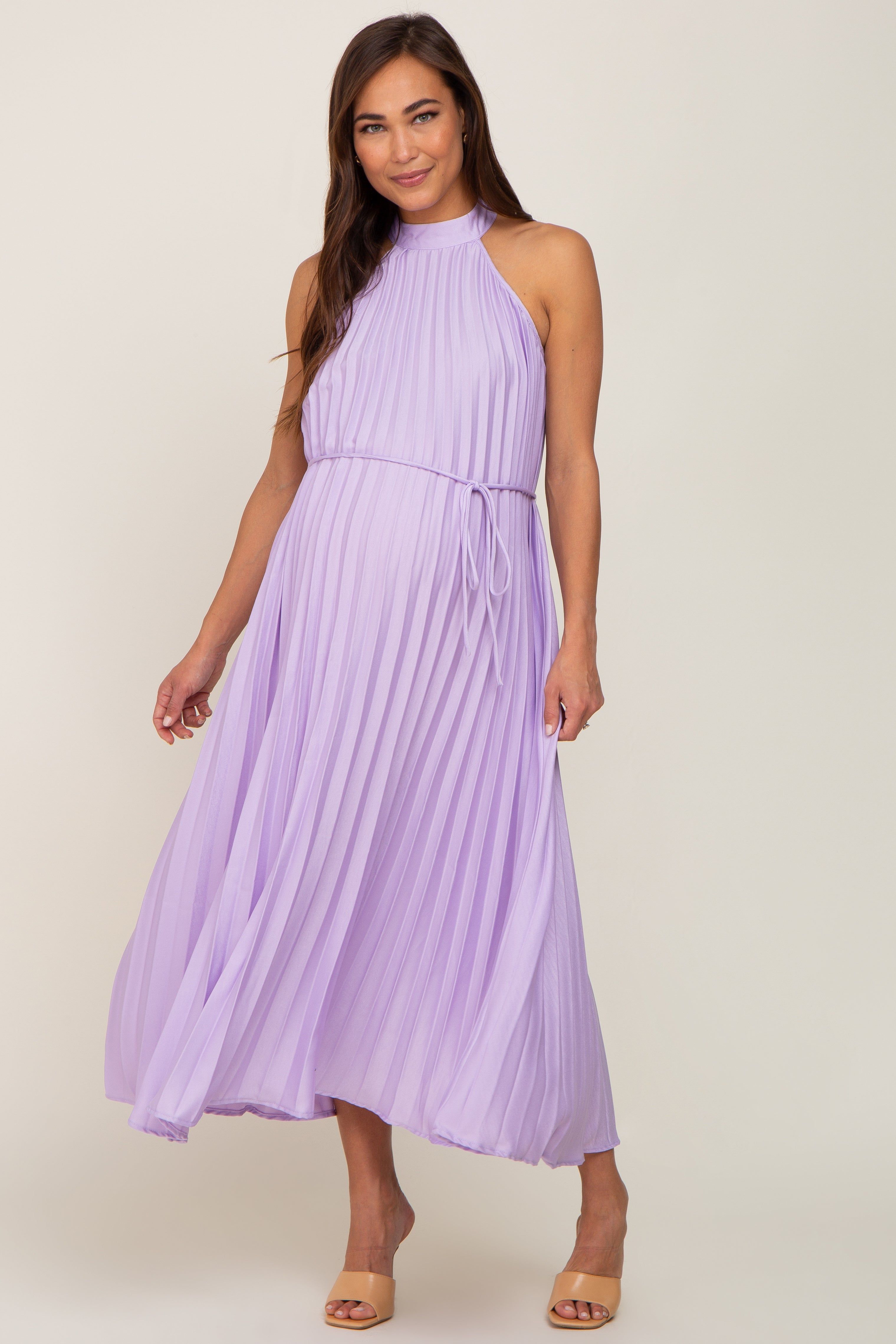 Lavender Pleated Maternity Halter Dress sold by Pinkblush