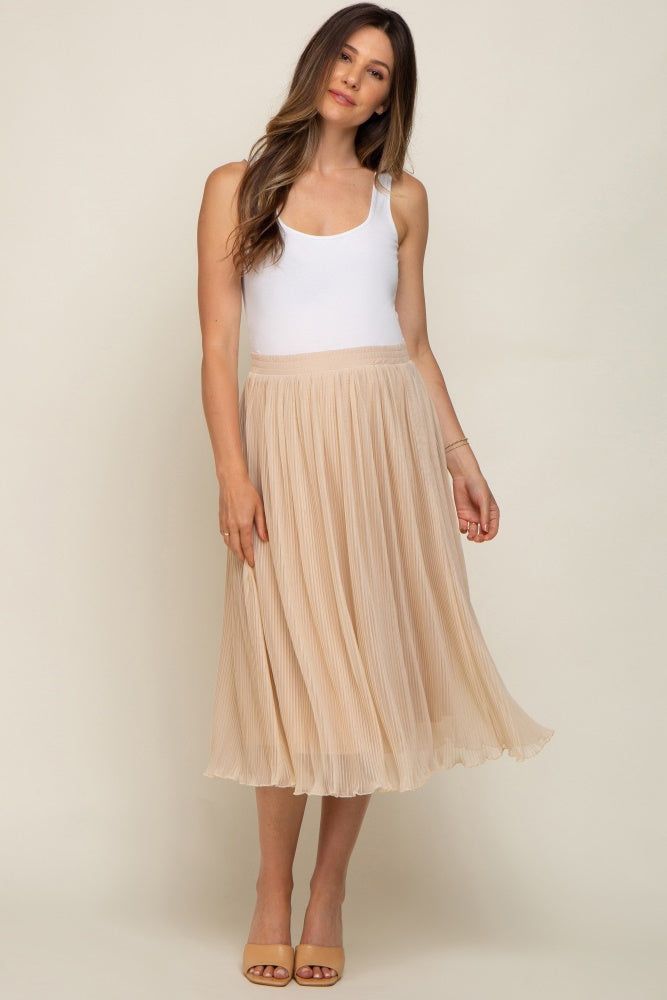 Beige Pleated Maternity Midi Skirt sold by Pinkblush