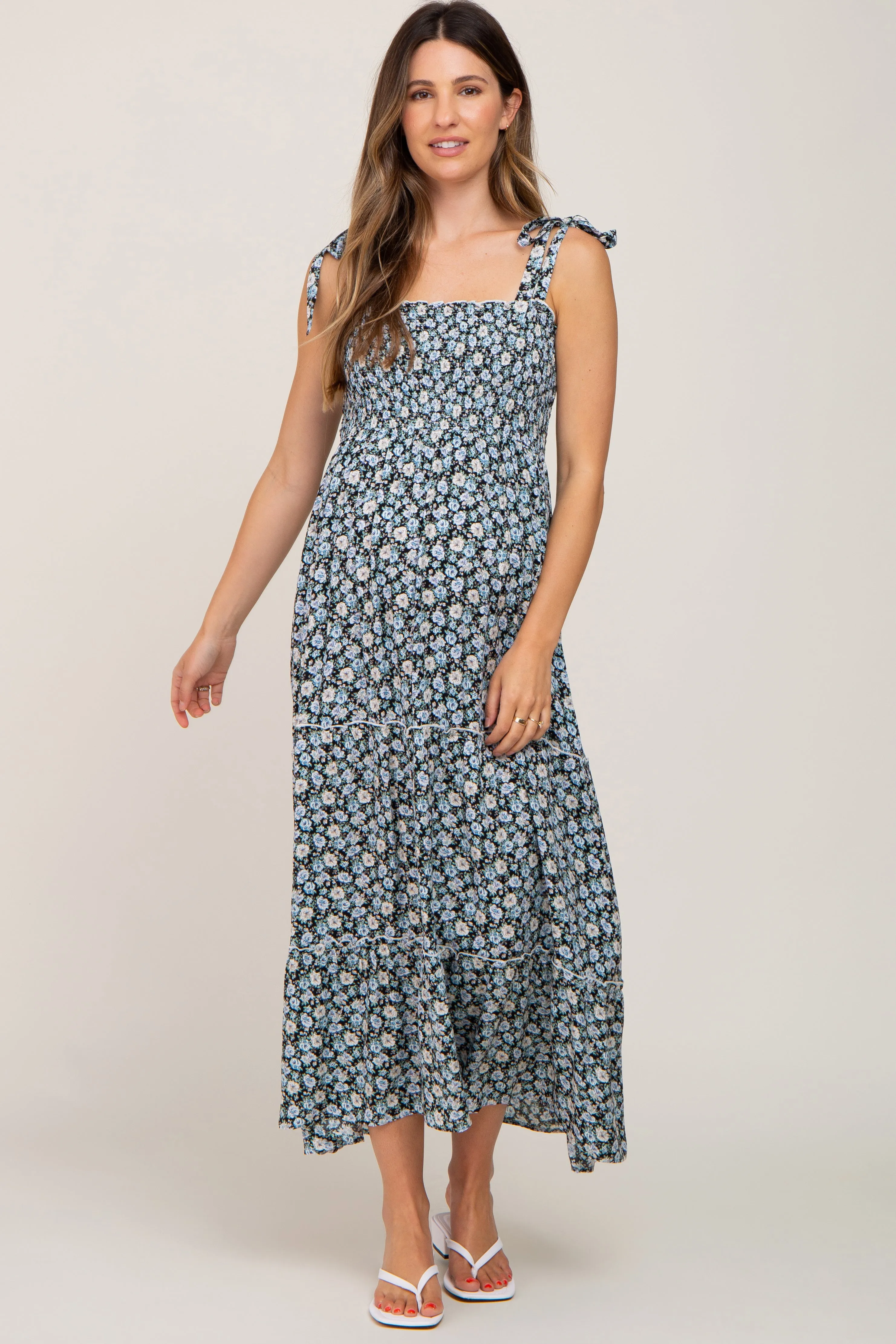 Black Floral Sleeveless Tiered Maternity Maxi Dress sold by Pinkblush product image thumbnail 4