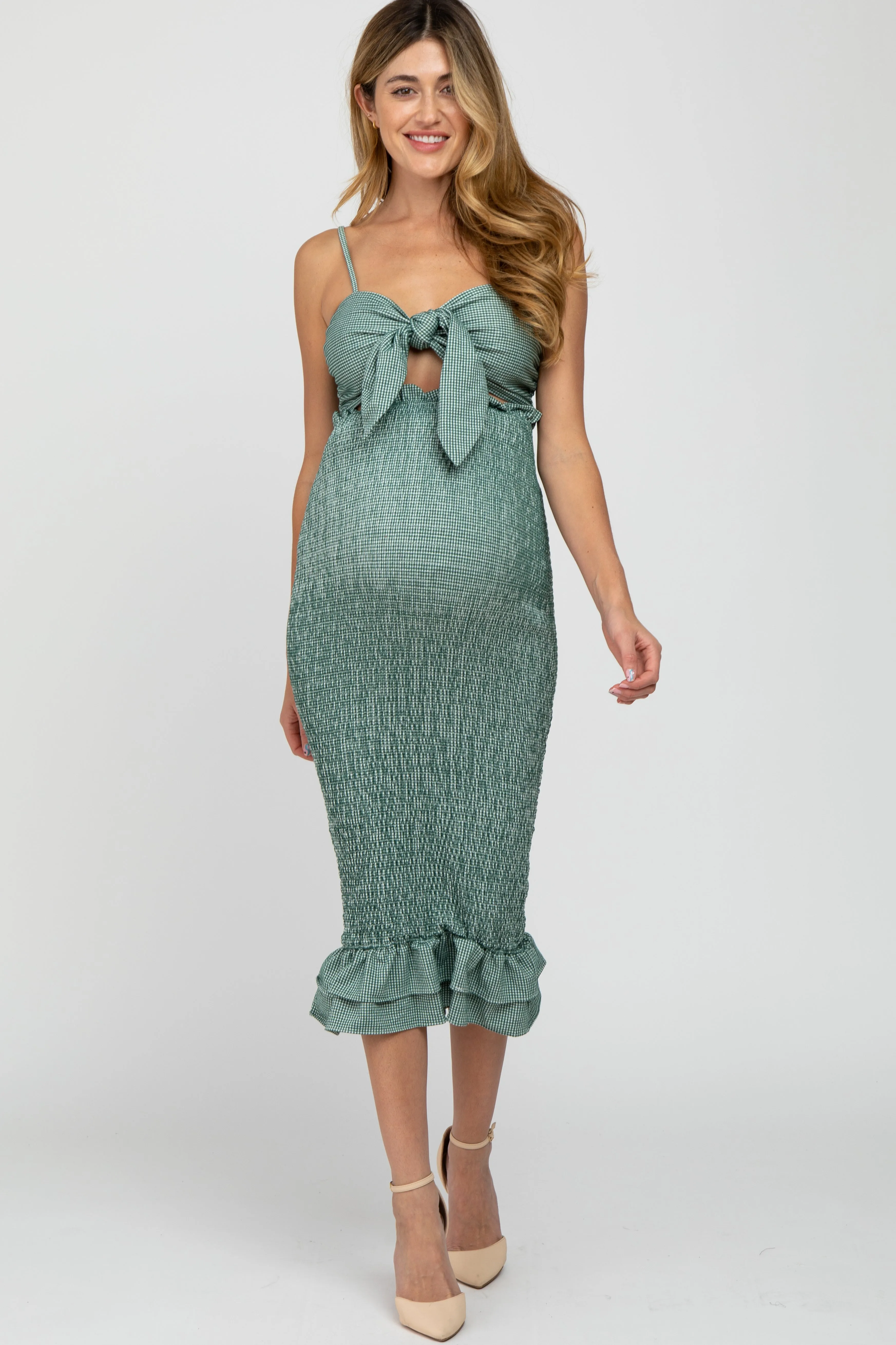 Green Gingham Print Smocked Fitted Self-Tie Maternity Midi Dress sold by Pinkblush product image thumbnail 2