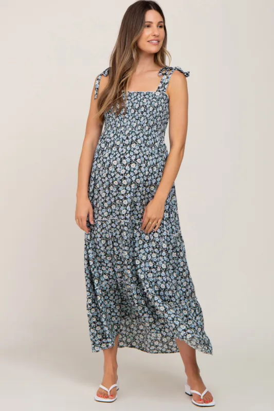 Black Floral Sleeveless Tiered Maternity Maxi Dress sold by Pinkblush