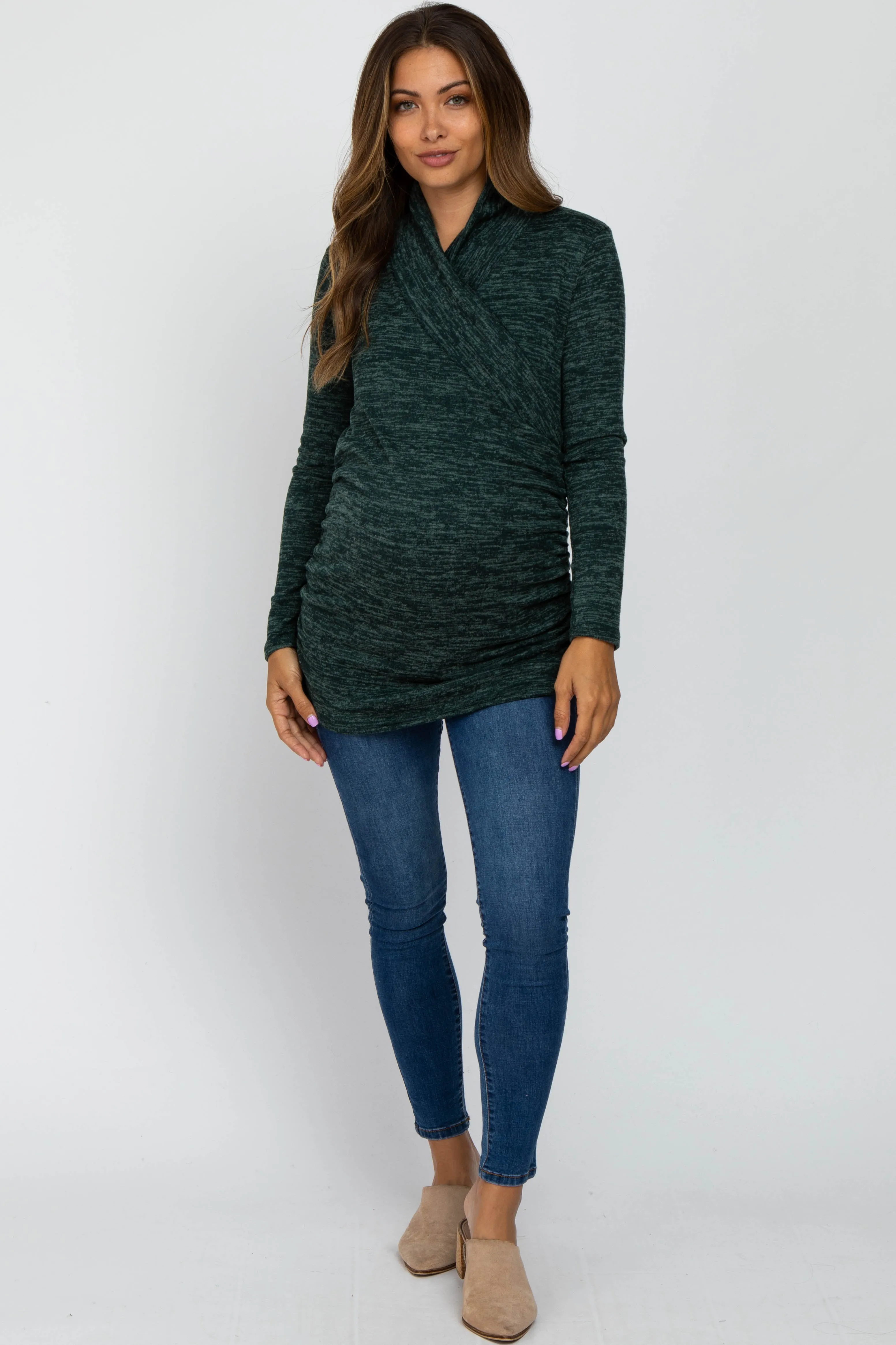 Green Soft Heathered Draped Wrap Maternity/Nursing Top sold by Pinkblush product image thumbnail 5