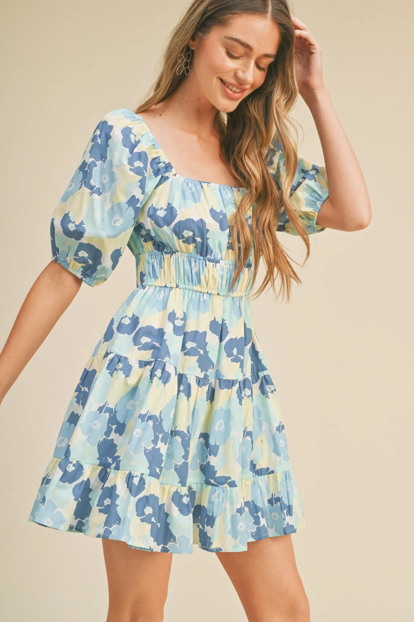 Blue Floral Print Tiered Mini Dress sold by Pinkblush