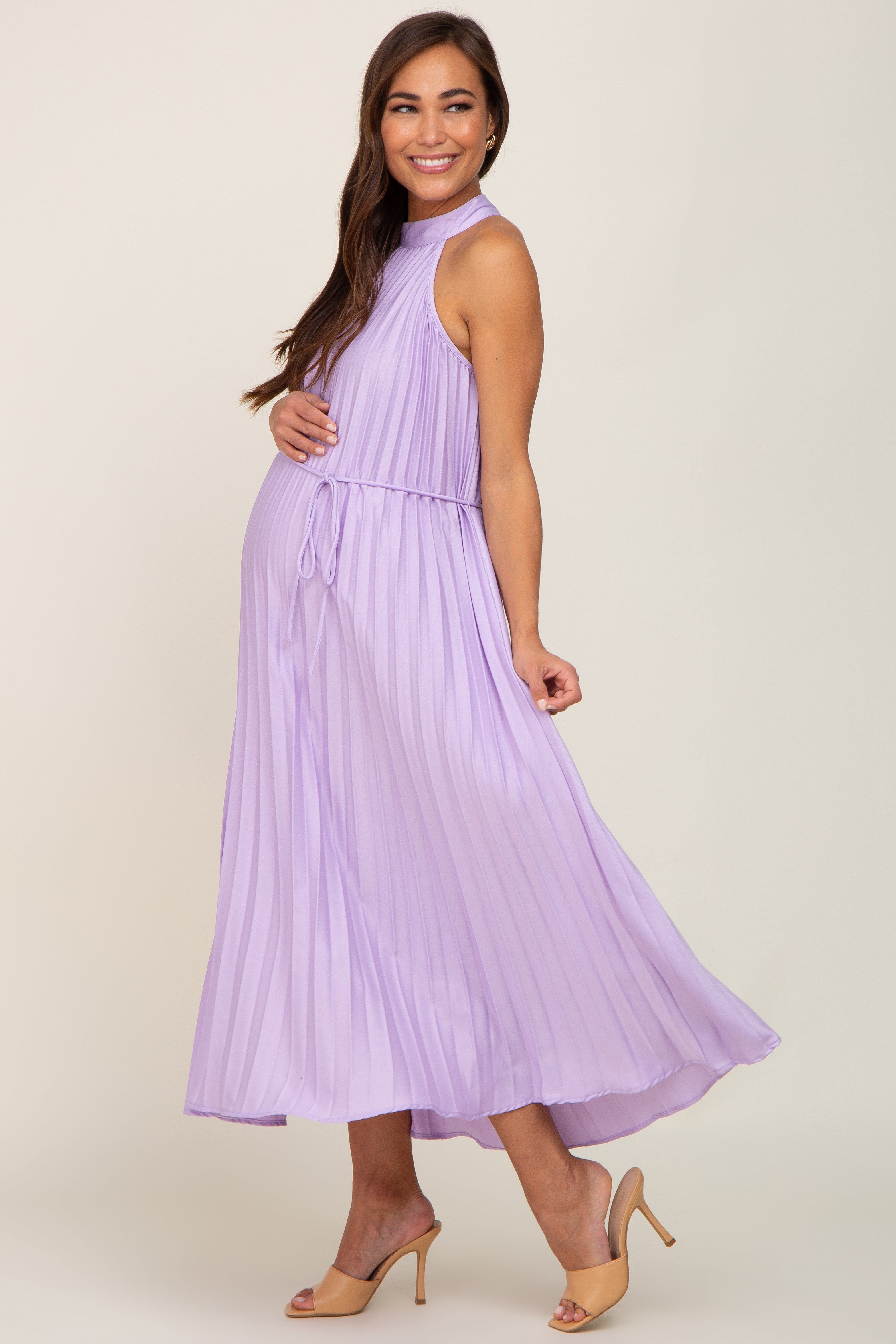Lavender Pleated Maternity Halter Dress sold by Pinkblush product image thumbnail 2