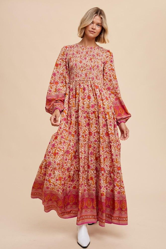 Fuchsia Floral Smocked Tiered Maxi Dress sold by Pinkblush product image thumbnail 3