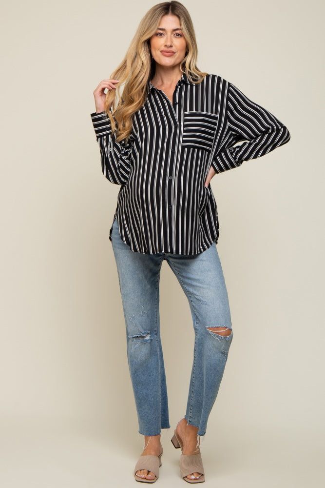 Black Striped Front Pocket Button Down Side Slit Maternity Top sold by Pinkblush