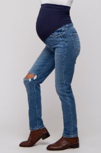Blue Distressed Knee Skinny Maternity Jeans sold by Pinkblush