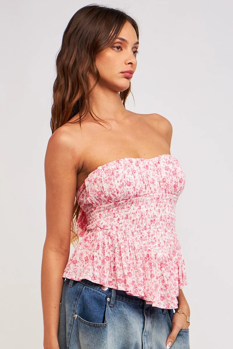 Pink Floral Smocked High-Low Ruffle Tube Top sold by Pinkblush product image thumbnail 2