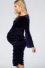 Navy Blue Velvet Ruched Bell Sleeve Maternity Dress sold by Pinkblush