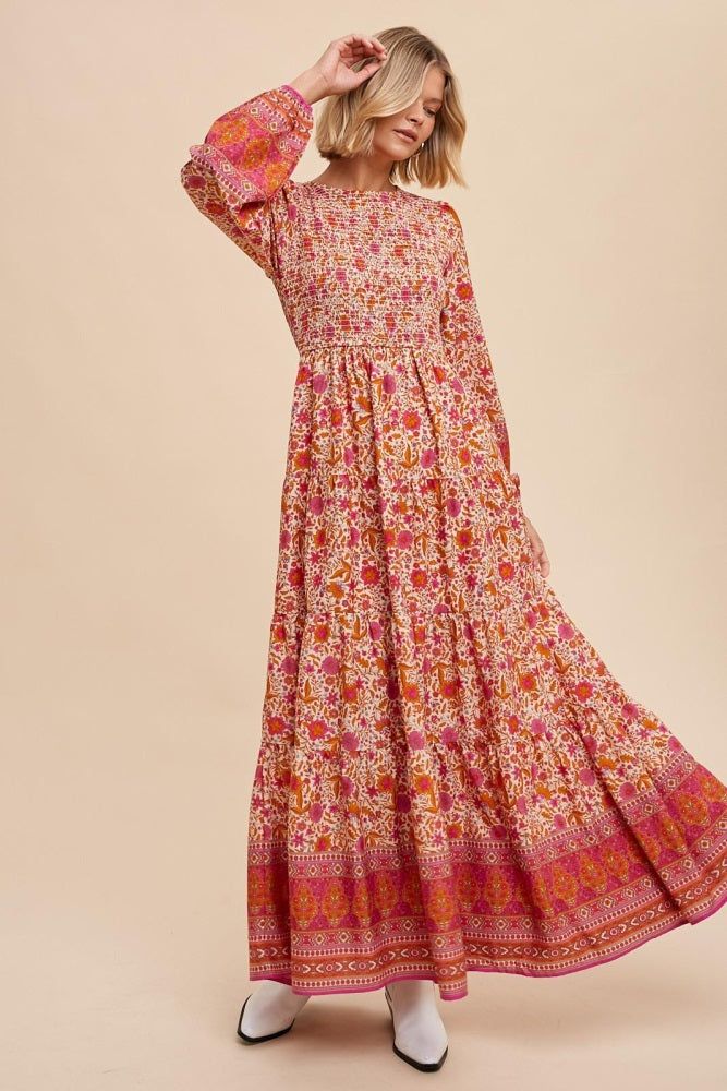 Fuchsia Floral Smocked Tiered Maxi Dress sold by Pinkblush