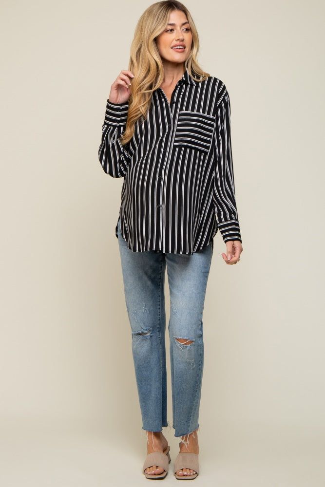 Black Striped Front Pocket Button Down Side Slit Maternity Top sold by Pinkblush product image thumbnail 5