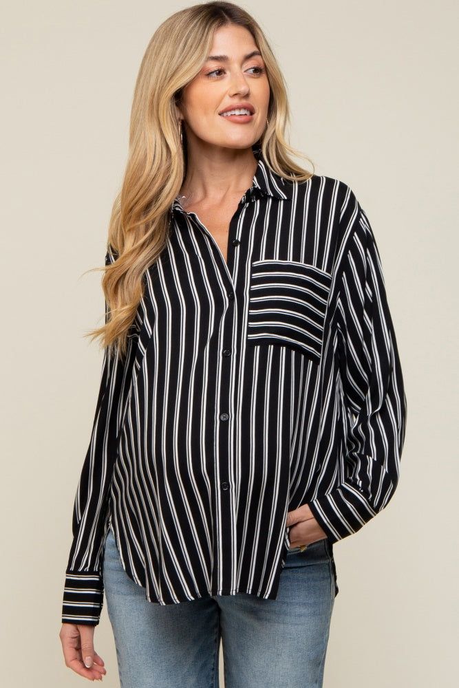 Black Striped Front Pocket Button Down Side Slit Maternity Top sold by Pinkblush product image thumbnail 2