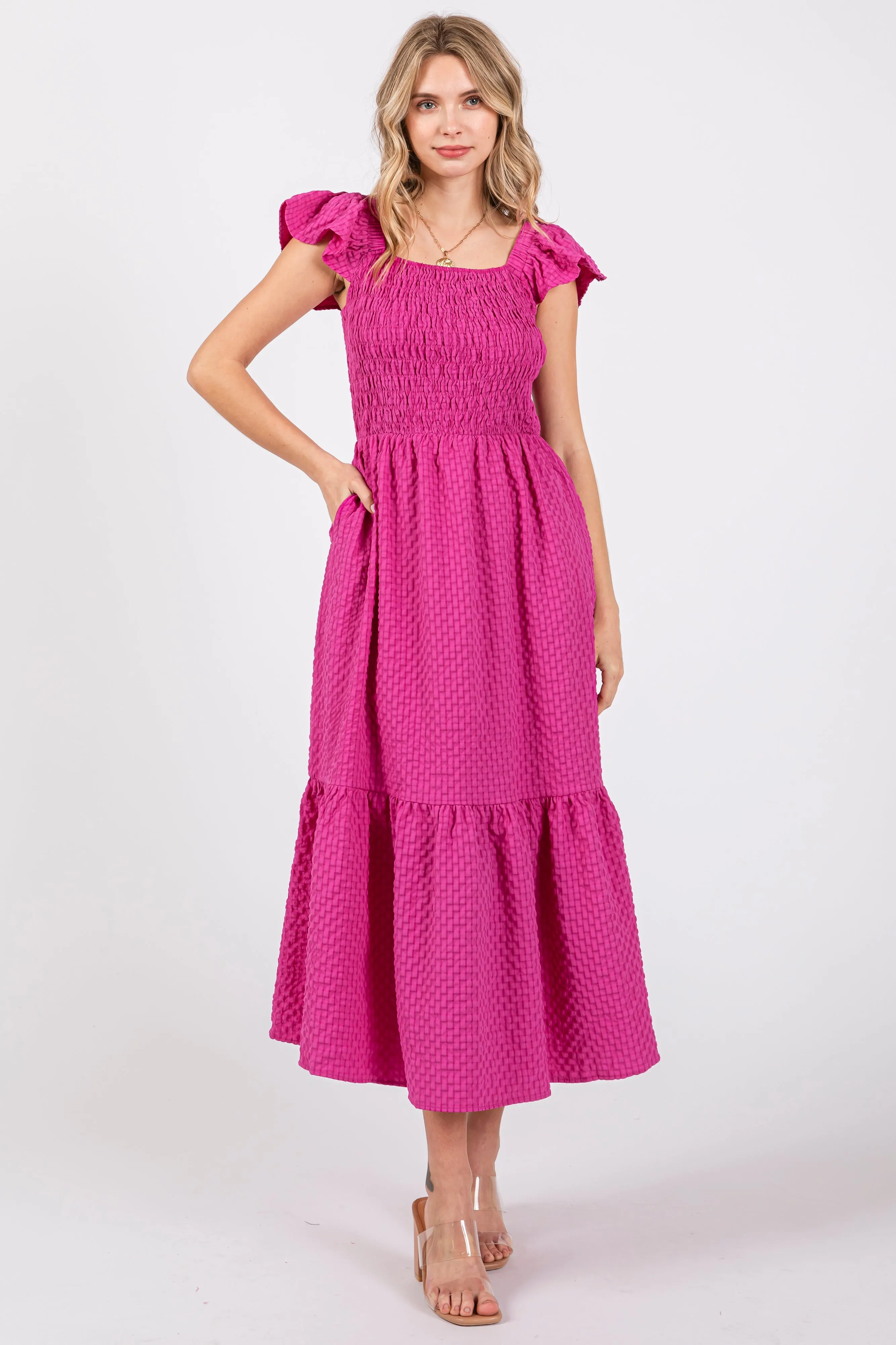 Magenta Sleeveless Smocked Tiered Dress sold by Pinkblush