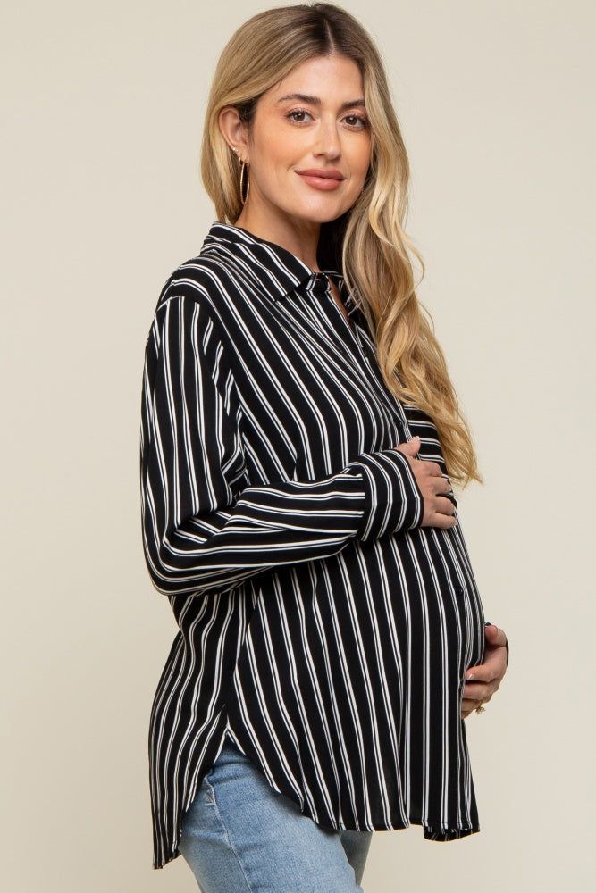 Black Striped Front Pocket Button Down Side Slit Maternity Top sold by Pinkblush product image thumbnail 3