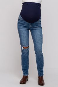Blue Distressed Knee Skinny Maternity Jeans sold by Pinkblush