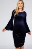 Navy Blue Velvet Ruched Bell Sleeve Maternity Dress sold by Pinkblush