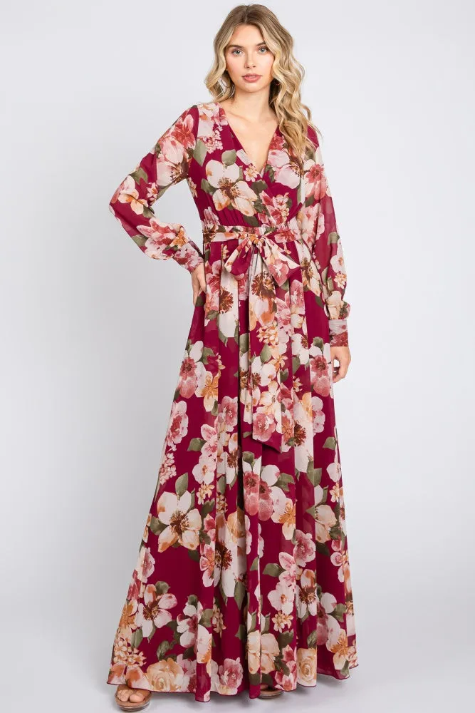Burgundy Floral Chiffon Wrap Front V-Neck Long Sleeve Maternity Maxi Dress sold by Pinkblush product image thumbnail 4