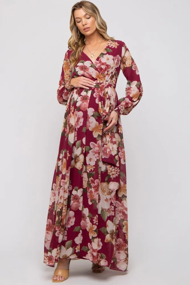 Burgundy Floral Chiffon Wrap Front V-Neck Long Sleeve Maternity Maxi Dress sold by Pinkblush product image thumbnail 2