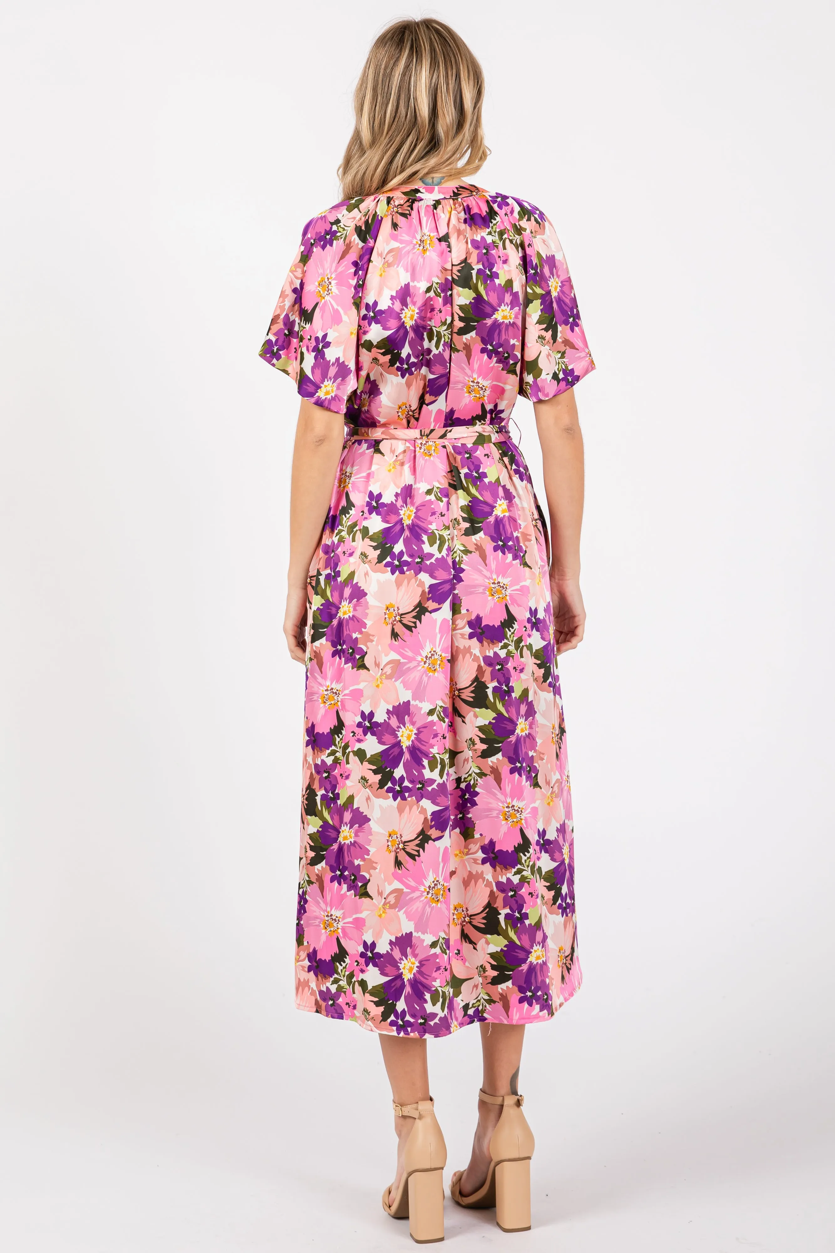 Violet Floral V-Neck Short Puff Sleeve Tie Waist Satin Midi Dress sold by Pinkblush product image thumbnail 3