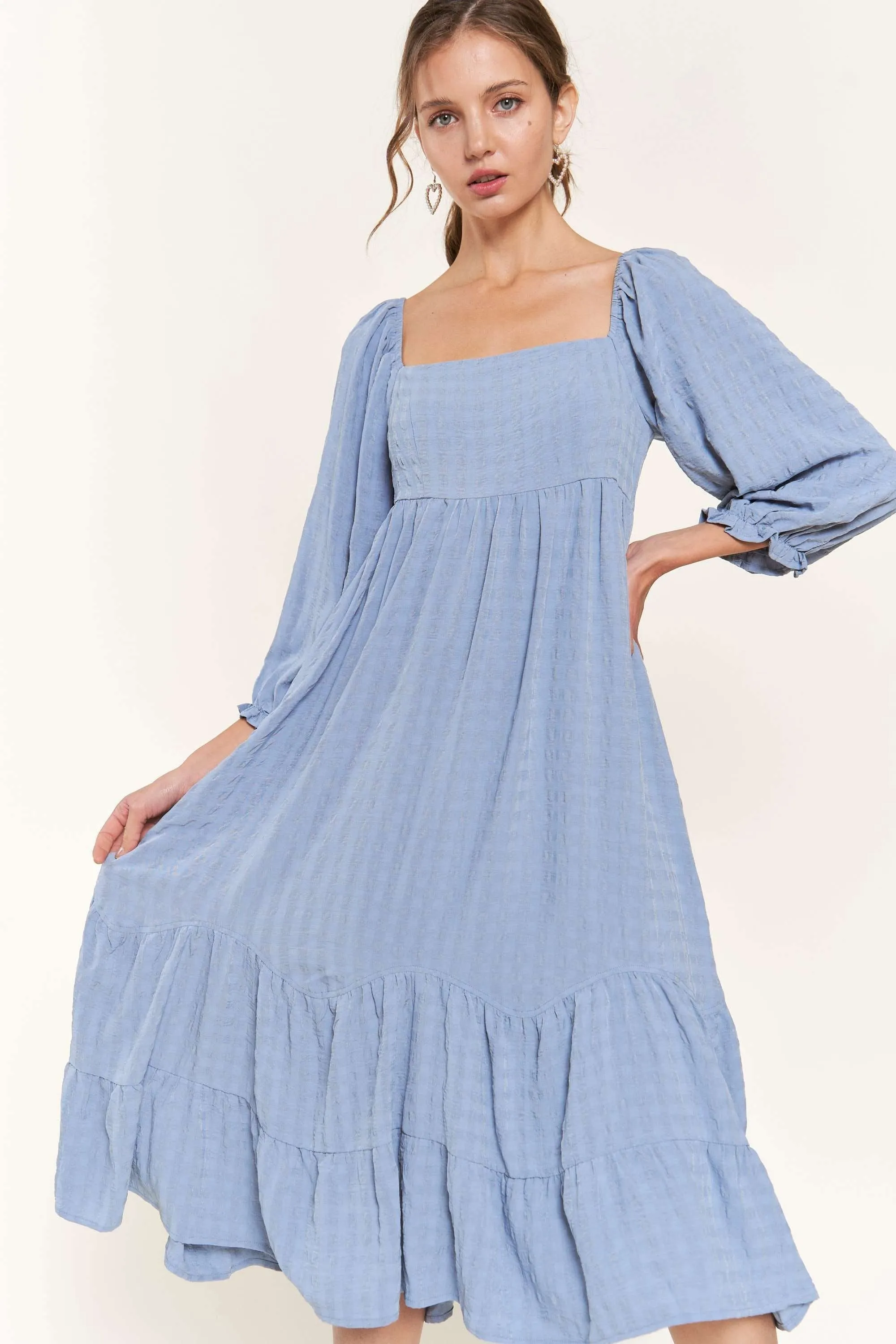 Blue Striped 3/4 Cinched Sleeve Tiered Midi Dress sold by Pinkblush product image thumbnail 4