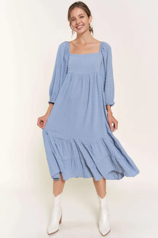 Blue Striped 3/4 Cinched Sleeve Tiered Midi Dress sold by Pinkblush