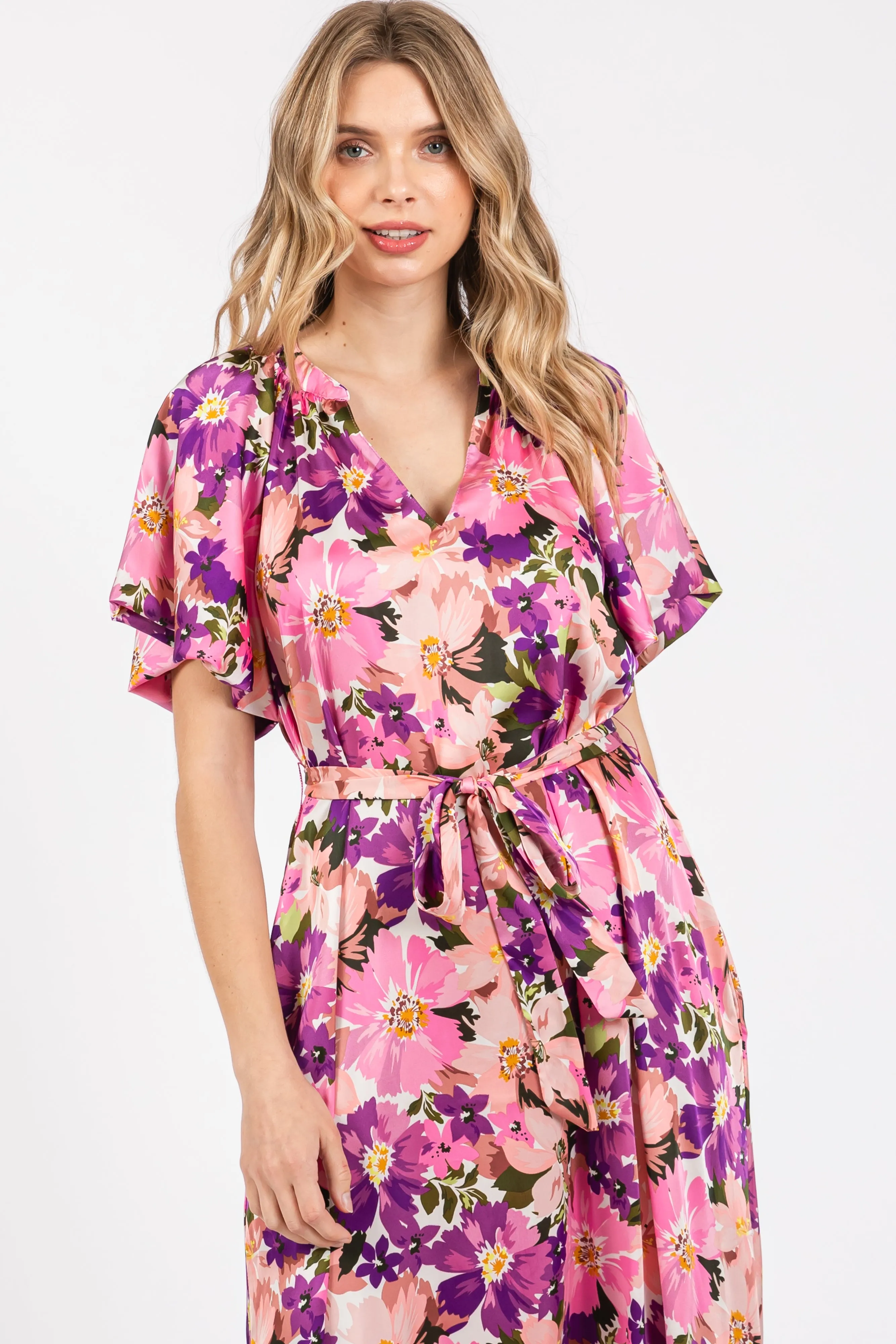 Violet Floral V-Neck Short Puff Sleeve Tie Waist Satin Midi Dress sold by Pinkblush product image thumbnail 4