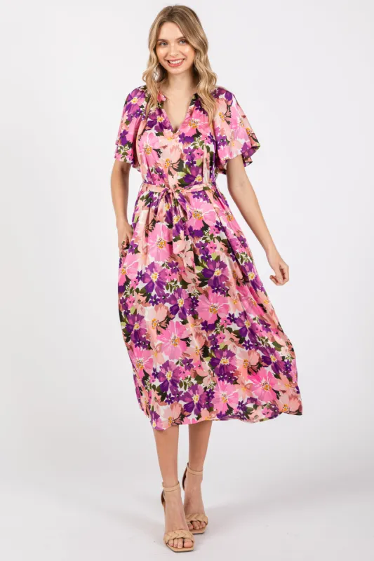 Violet Floral V-Neck Short Puff Sleeve Tie Waist Satin Midi Dress sold by Pinkblush