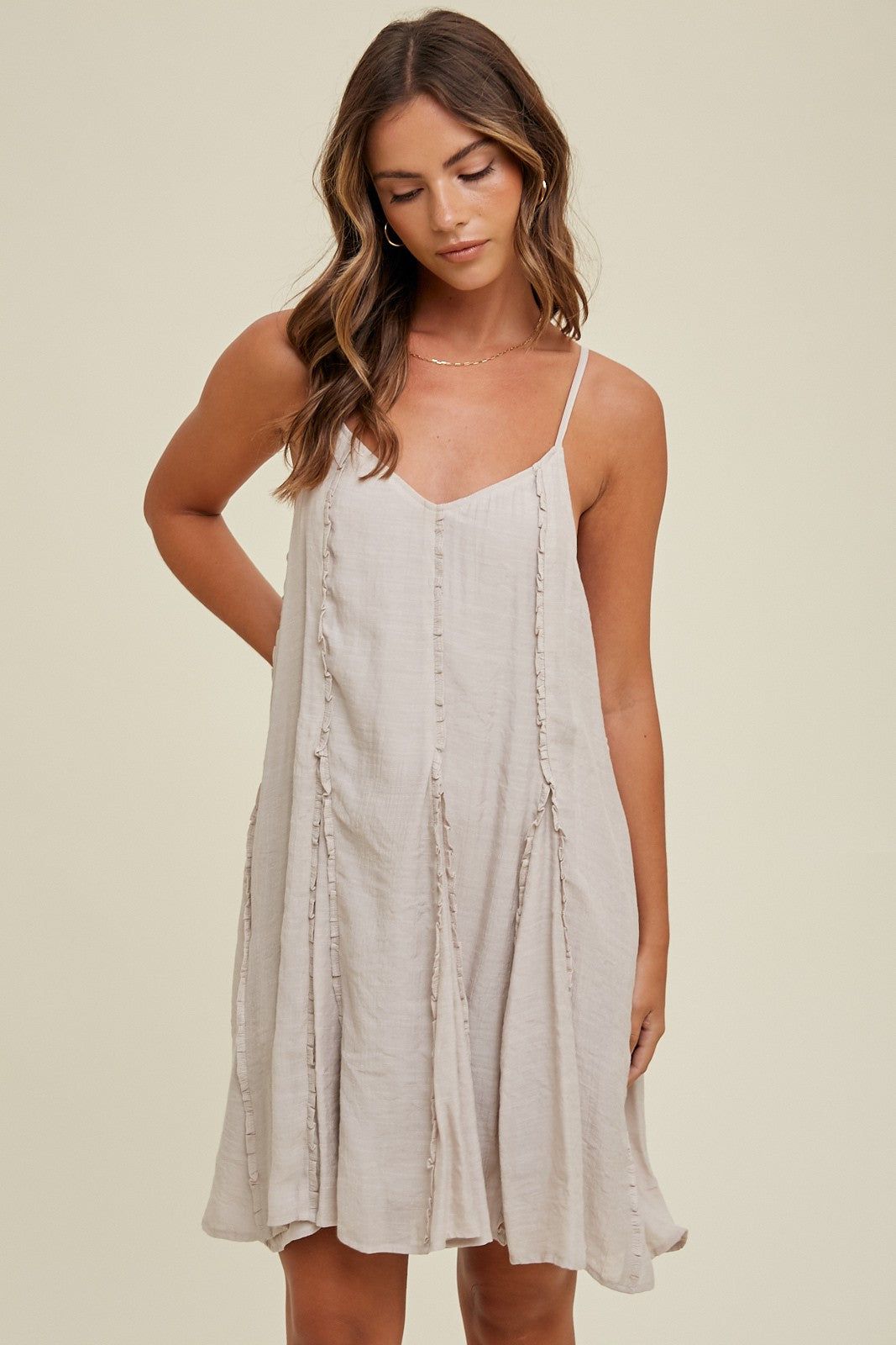 Champagne Flared Mini Dress With Ruffle Detail sold by Pinkblush