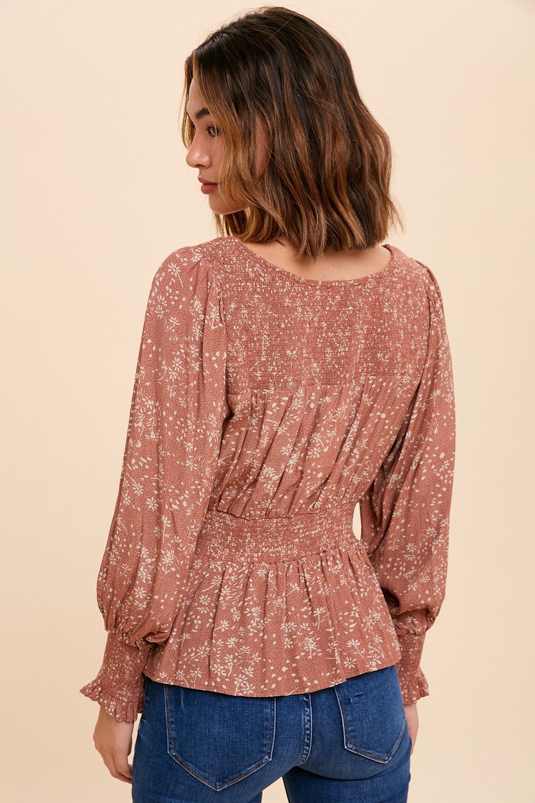 Rust Smocked Button Front Peasant Top sold by Pinkblush product image thumbnail 3