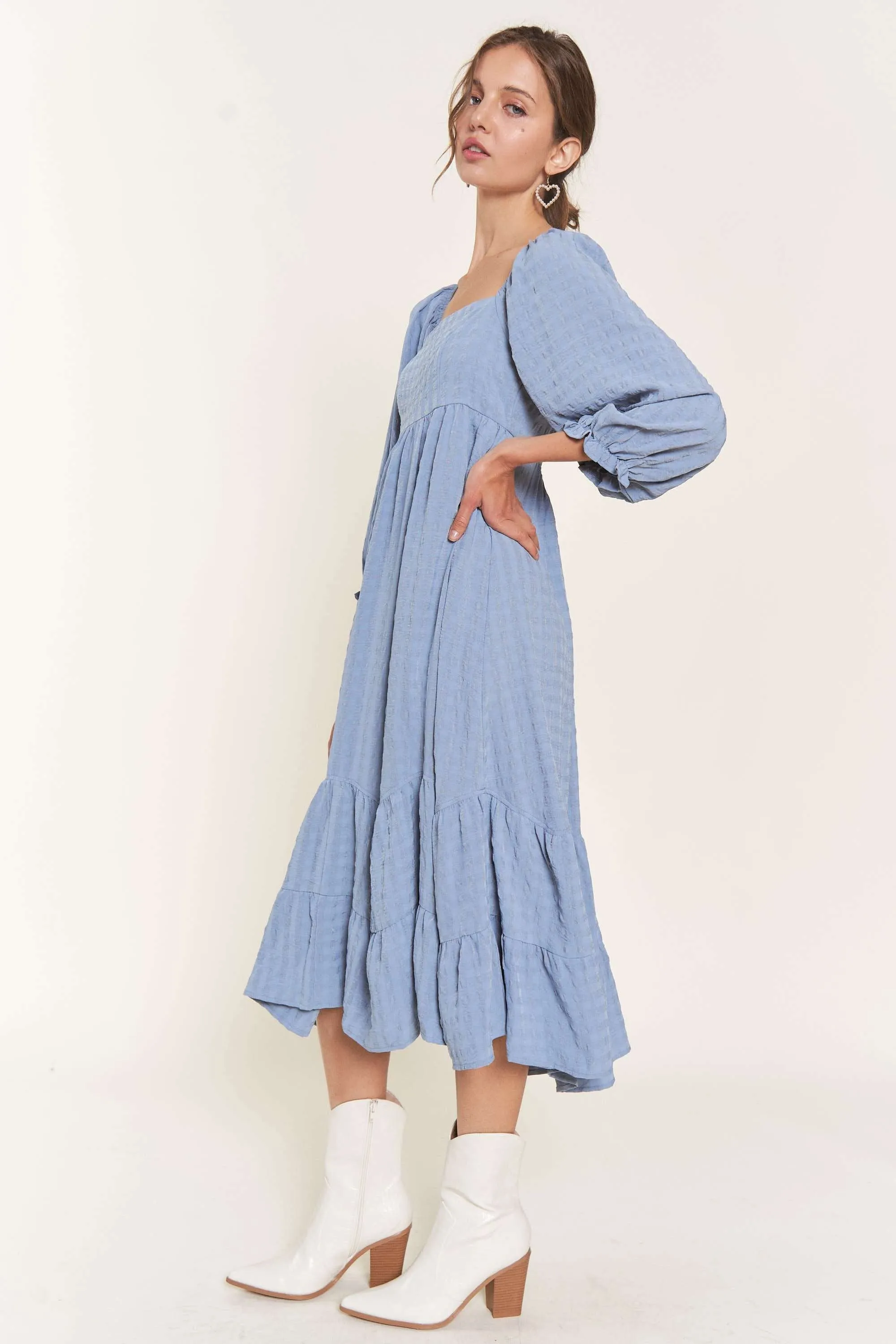 Blue Striped 3/4 Cinched Sleeve Tiered Midi Dress sold by Pinkblush product image thumbnail 2