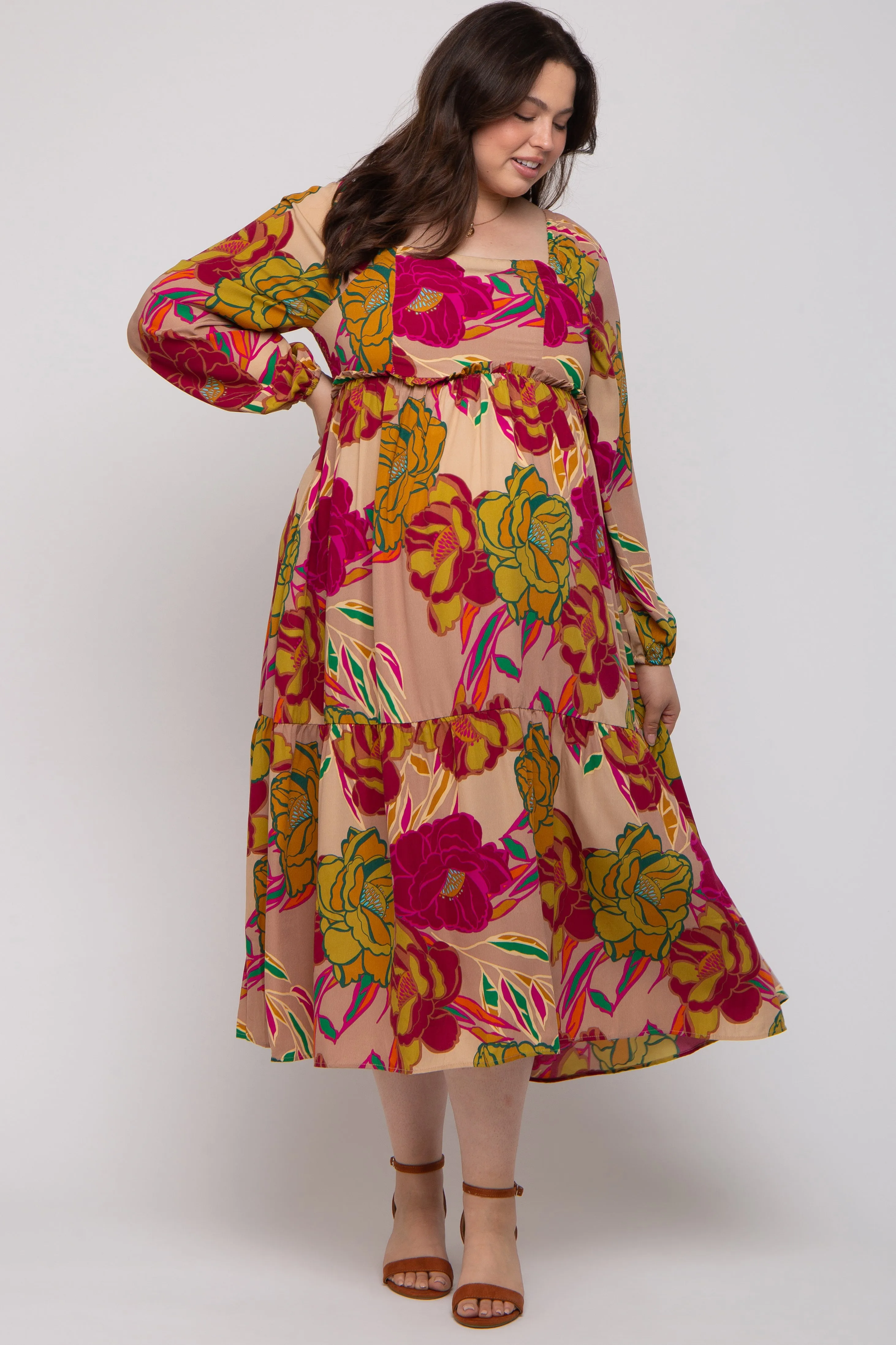 Mocha Floral Long Sleeve Maternity Plus Midi Dress sold by Pinkblush