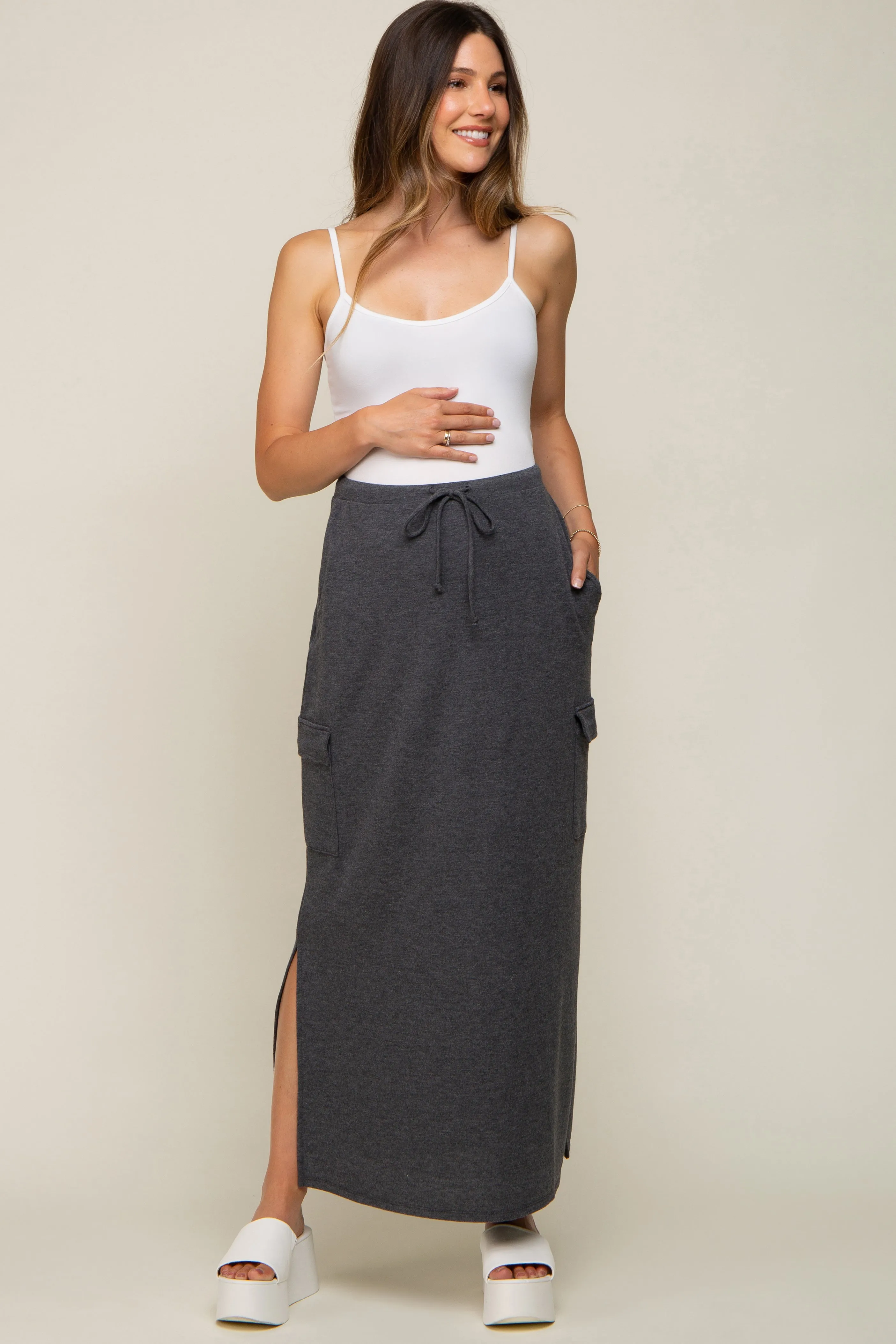 Charcoal Cargo Maternity Maxi Skirt sold by Pinkblush