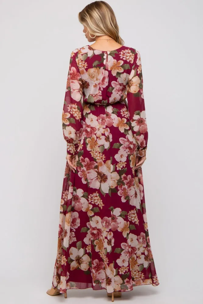 Burgundy Floral Chiffon Wrap Front V-Neck Long Sleeve Maternity Maxi Dress sold by Pinkblush product image thumbnail 3