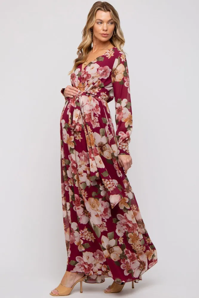 Burgundy Floral Chiffon Wrap Front V-Neck Long Sleeve Maternity Maxi Dress sold by Pinkblush