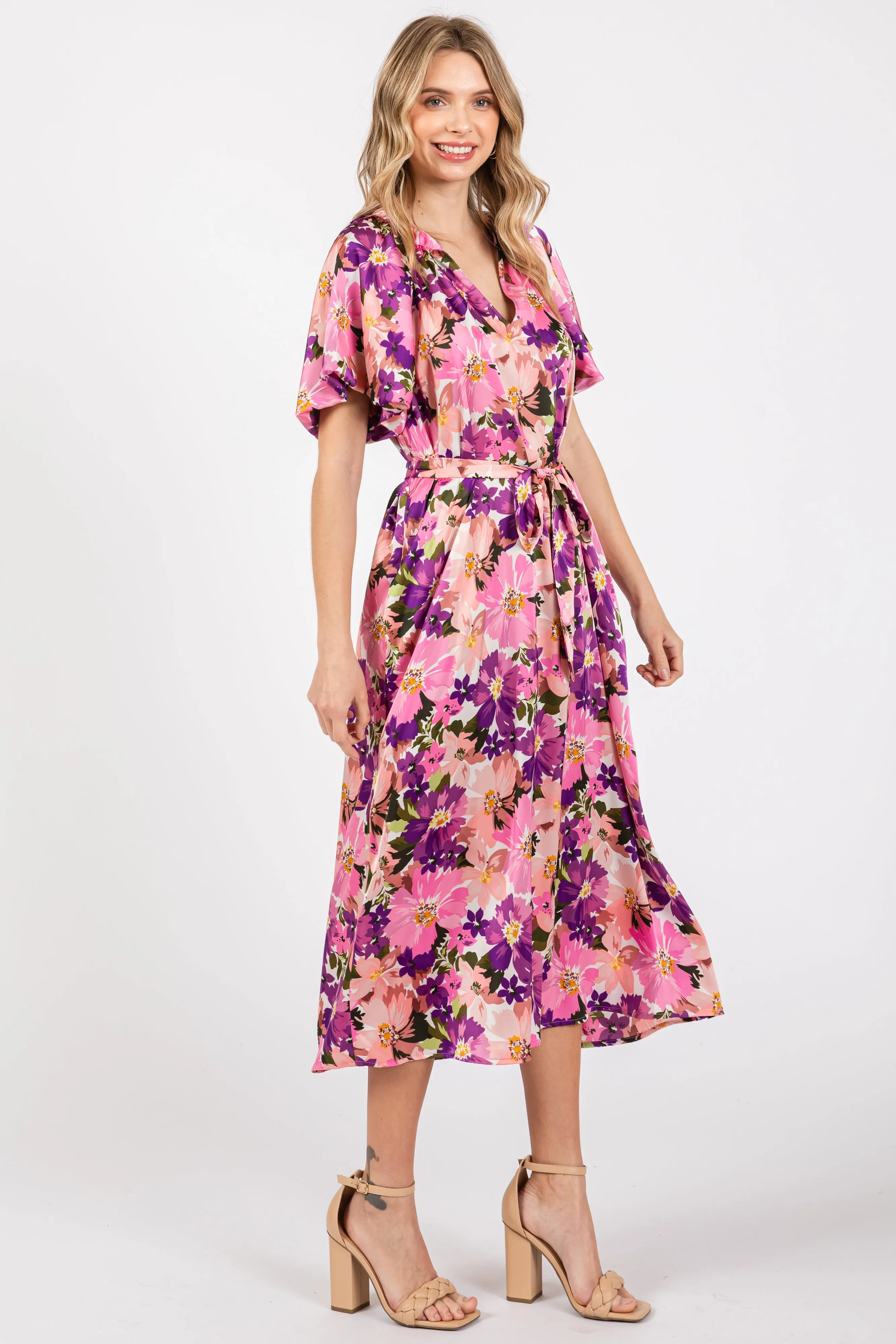 Violet Floral V-Neck Short Puff Sleeve Tie Waist Satin Midi Dress sold by Pinkblush product image thumbnail 2