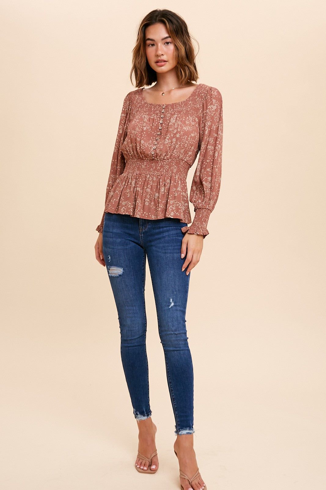 Rust Smocked Button Front Peasant Top sold by Pinkblush product image thumbnail 4