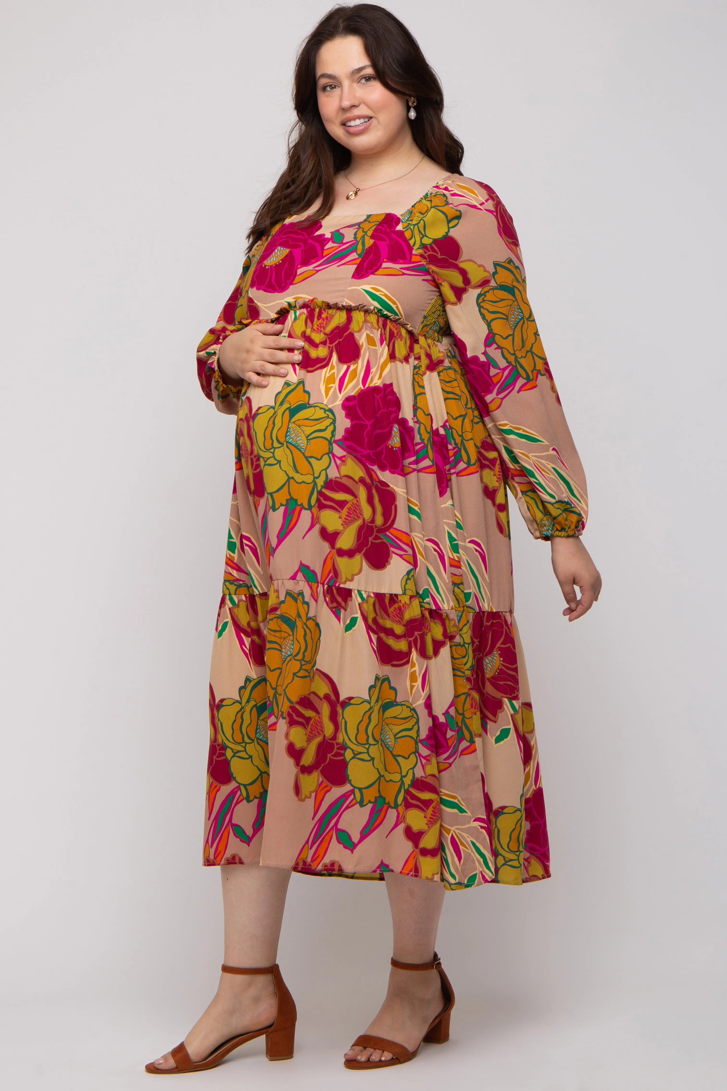 Mocha Floral Long Sleeve Maternity Plus Midi Dress sold by Pinkblush product image thumbnail 3