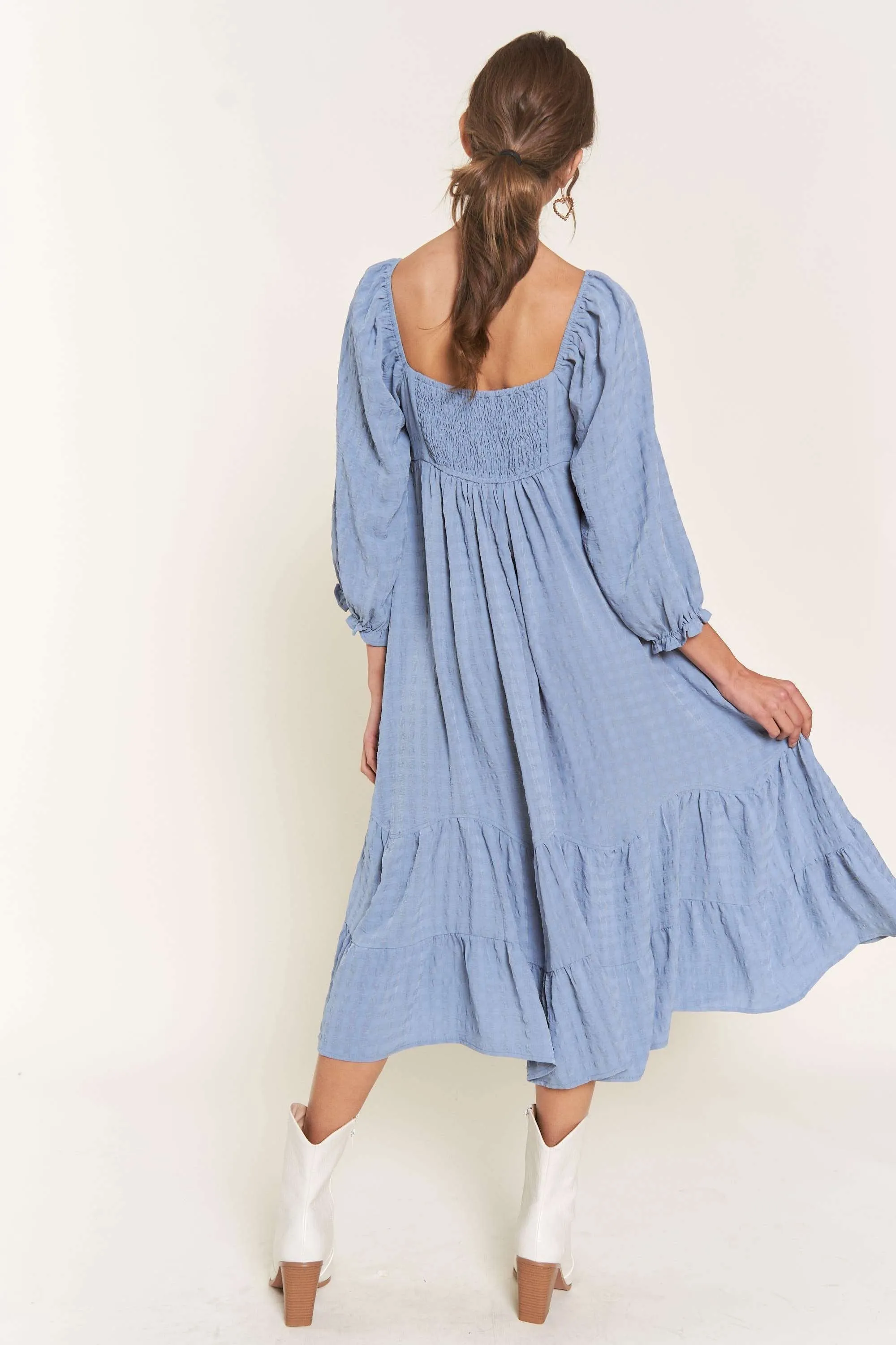 Blue Striped 3/4 Cinched Sleeve Tiered Midi Dress sold by Pinkblush product image thumbnail 3
