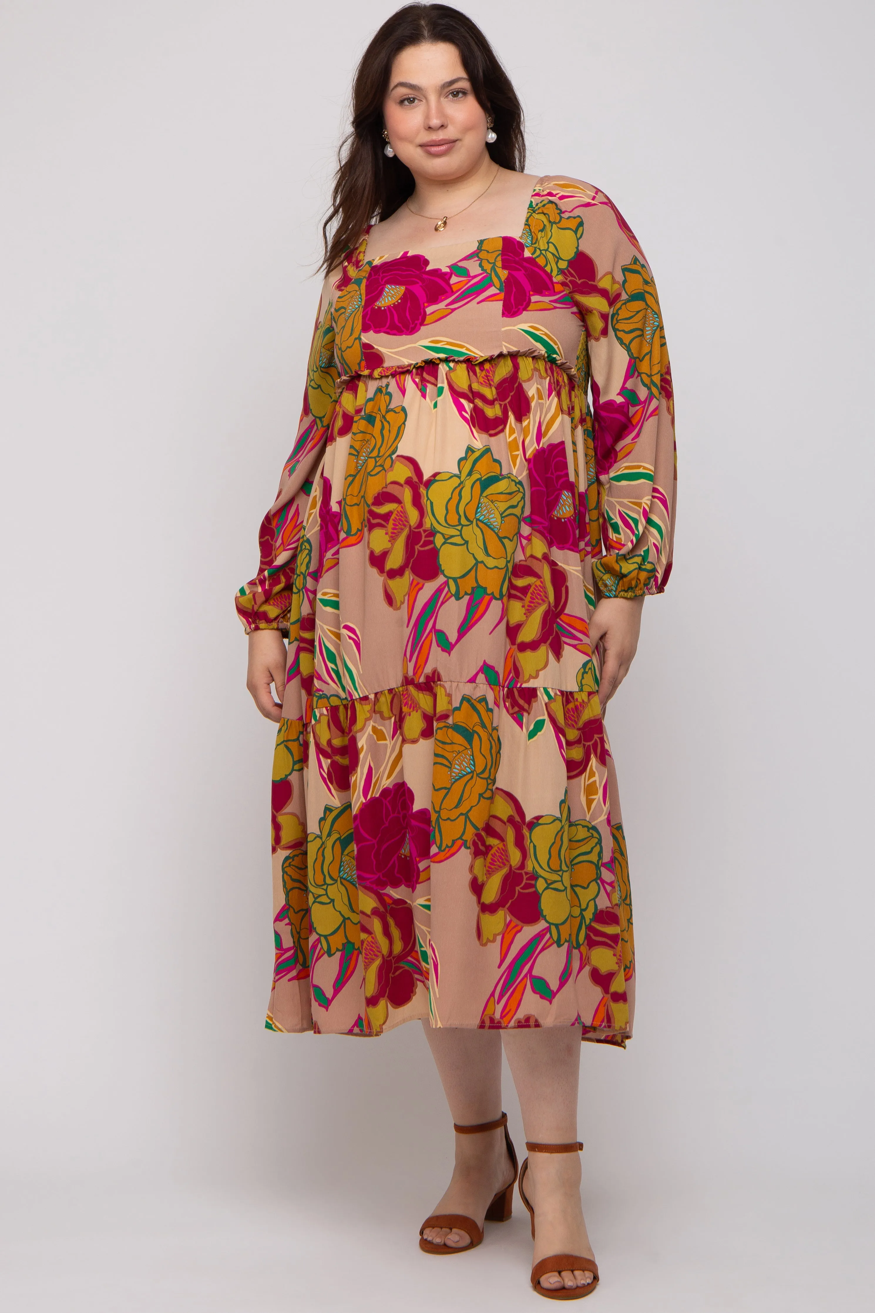Mocha Floral Long Sleeve Maternity Plus Midi Dress sold by Pinkblush product image thumbnail 2