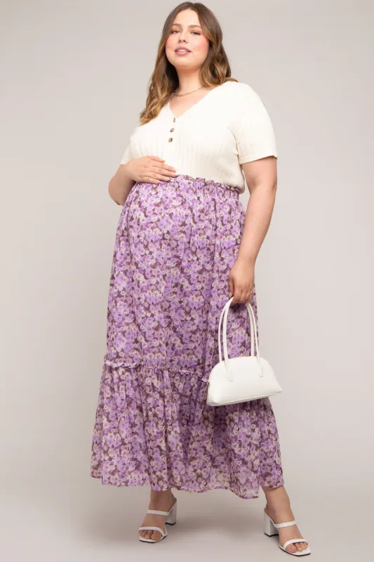 Lavender Smocked Waist Tiered Maternity Plus Maxi Skirt sold by Pinkblush
