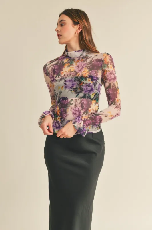 Purple Floral Sheer Floral Mock Neck Top sold by Pinkblush